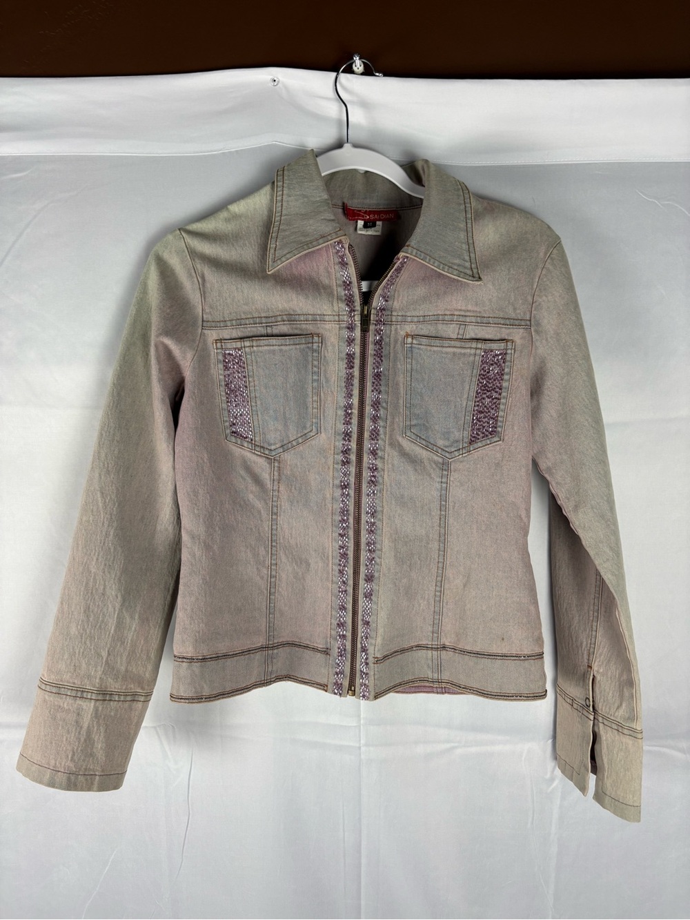 Y2K pastel purple embellished beaded denim full zip blazer jacket M